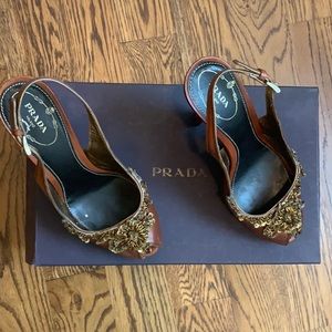 Prada Brown Leather Embellished Heels